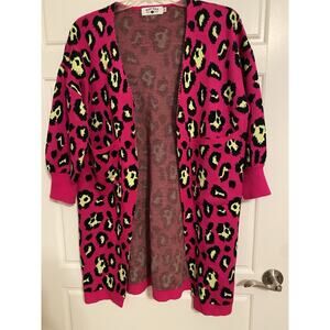 Crazy Train Cardigan Women Sz Small S Pink Neon Green Burst Knee Length Sweater